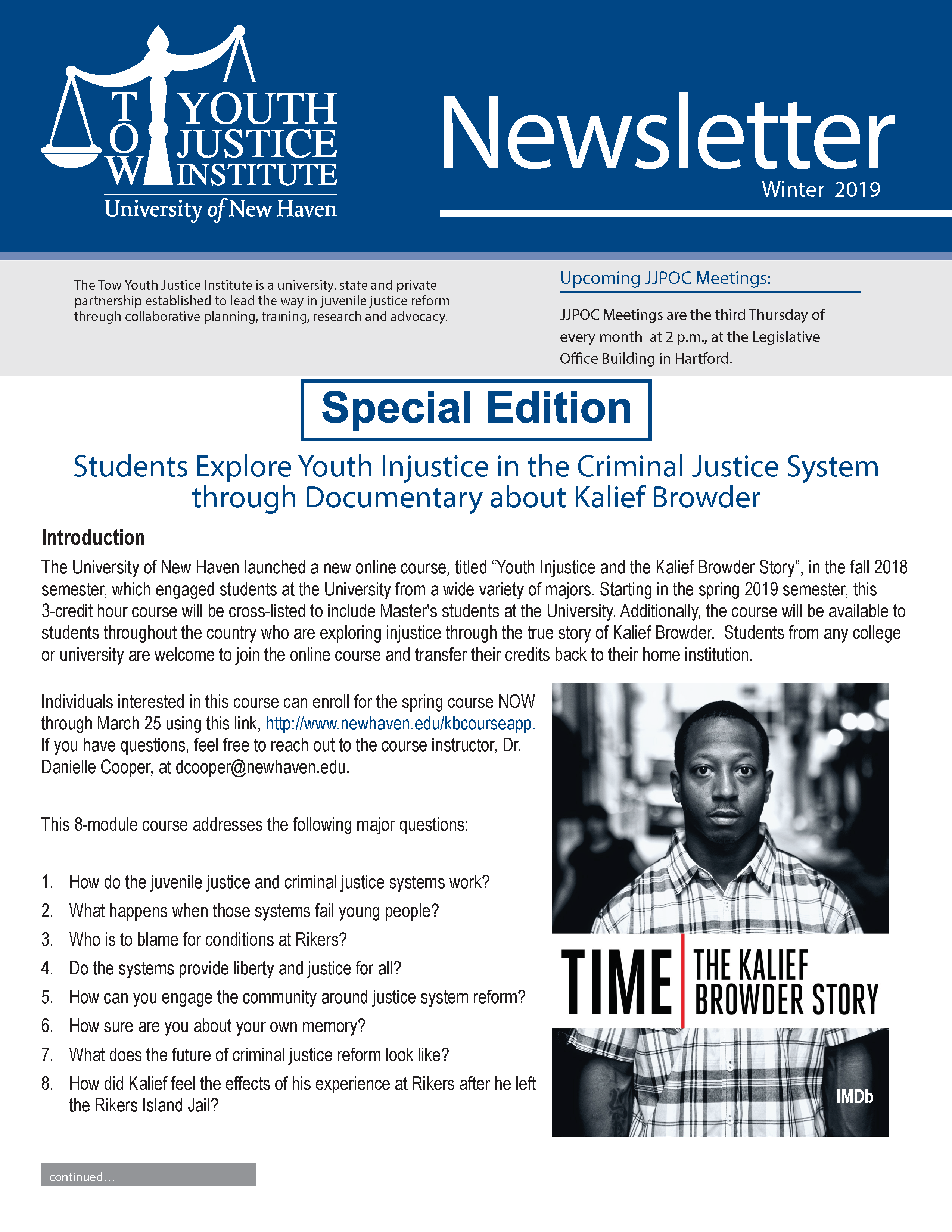 Tow Youth Justice Institute's Newsletter Special Edition Kalief Browder Story