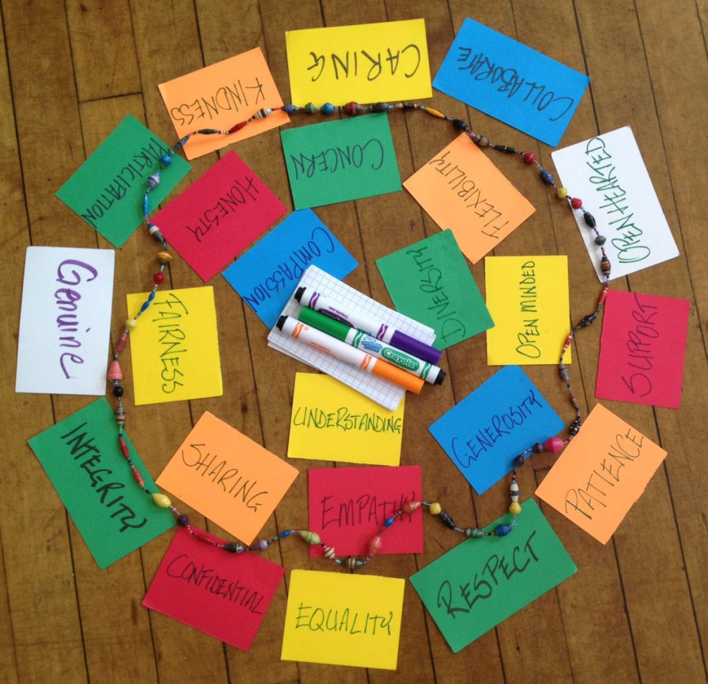 Photo of youth justice values written on index cards and arranged in a circle