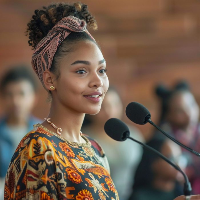 A young woman, confidently speaking at a podium, surrounded by a diverse audience of peers, listening attentively. This image represents the empowerment and leadership roles that young individuals